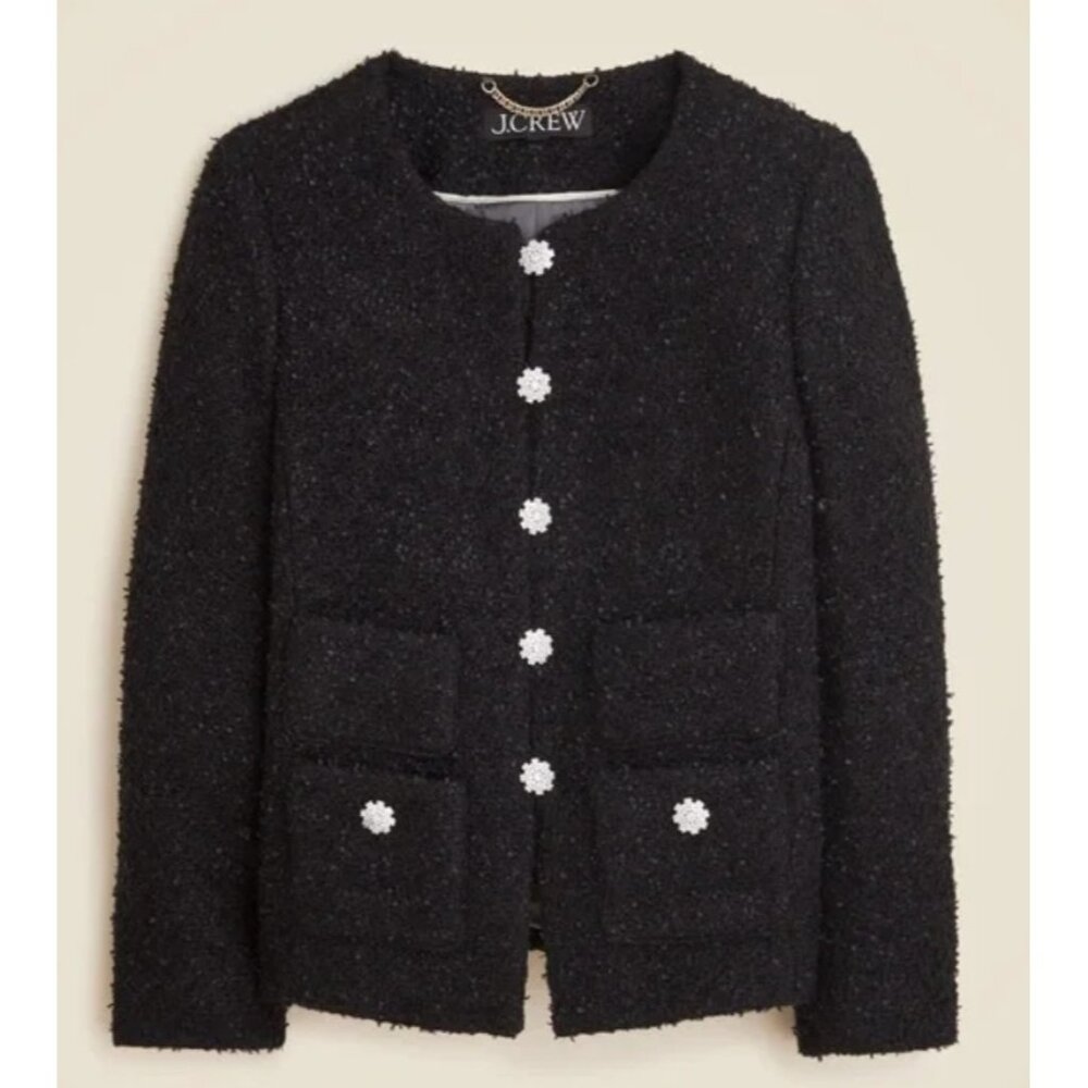 NWT J.Crew Collection Lady Jacket in Black Textured Tweed Jewel Button 8 $378